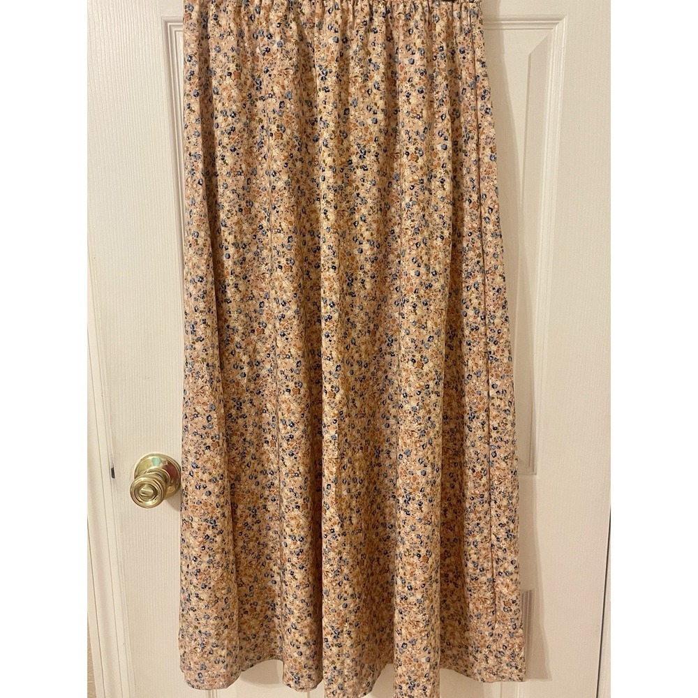 Women Tan Blue Floral Elastic Waist Unbranded Maxi Skirt Boho Cottagecore Medium